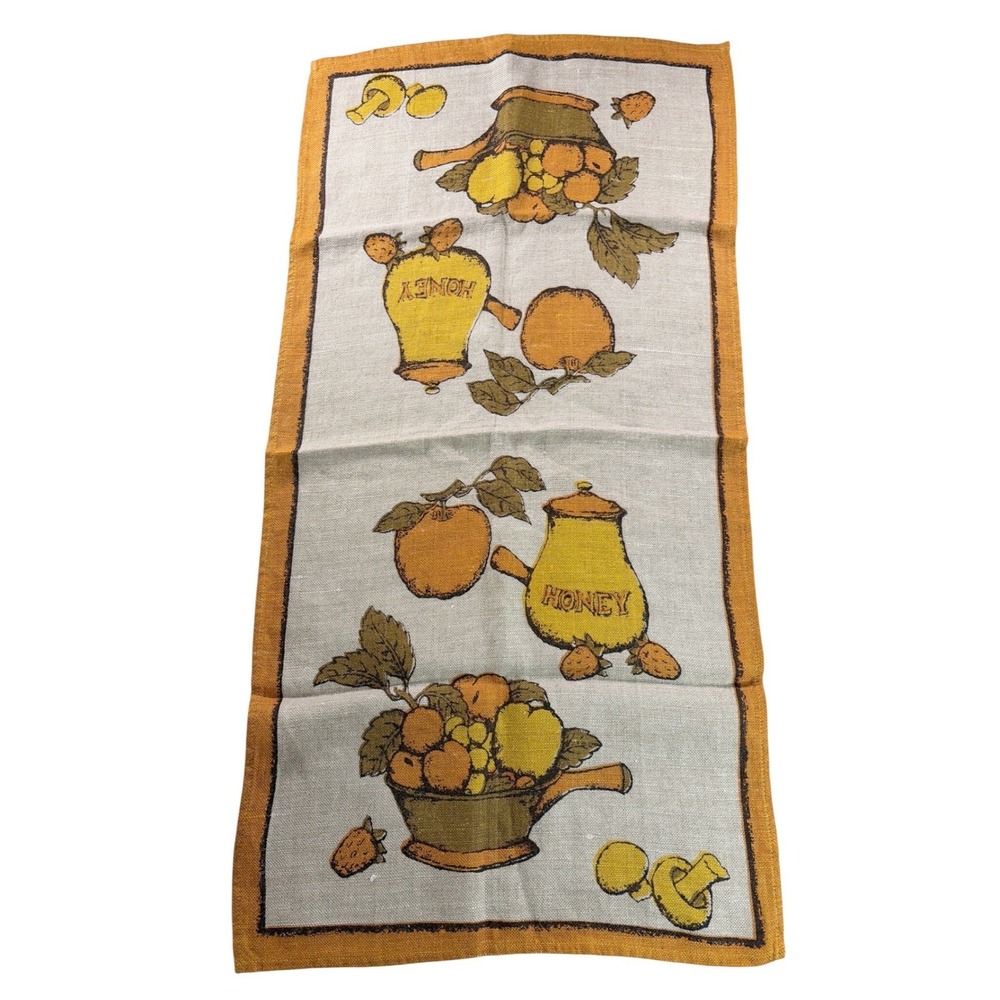 Vintage Fallani &‎ Cohn All Linen Kitchen Tea Towel Mushrooms Honey Pot 1960s